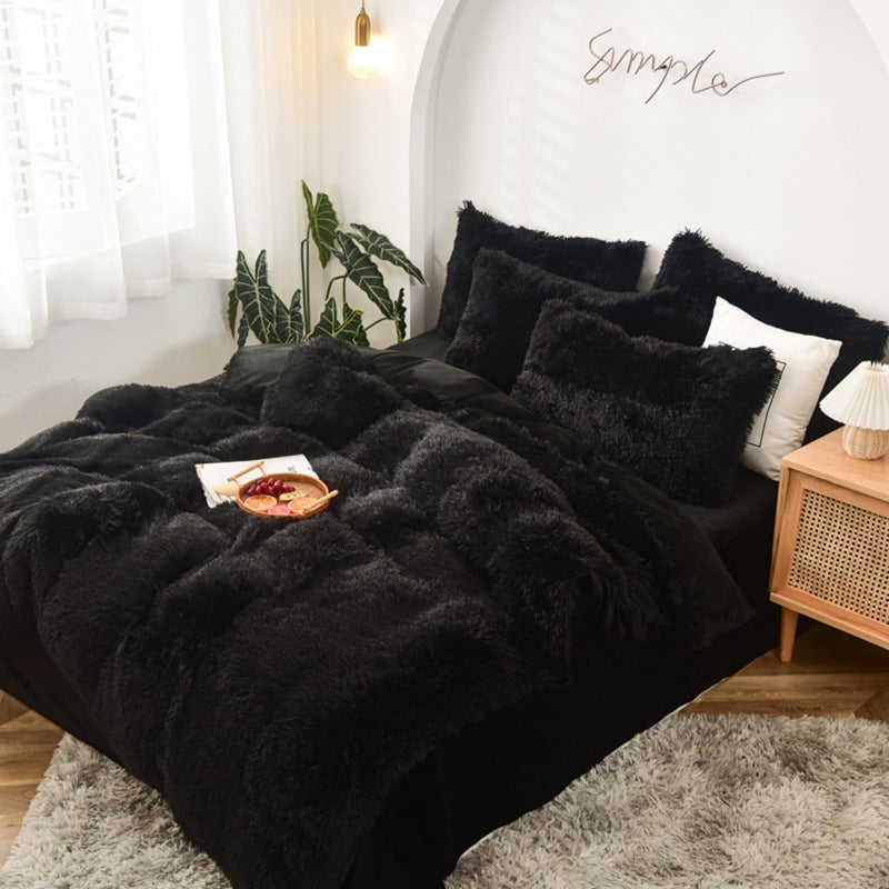 MorroMorn 5 PCS Shaggy Duvet Cover Bedding Set - Fluffy Comforter Cover Long Faux Fur Luxury Ultra Soft Cozy (Black, Full/Queen) - Image 5
